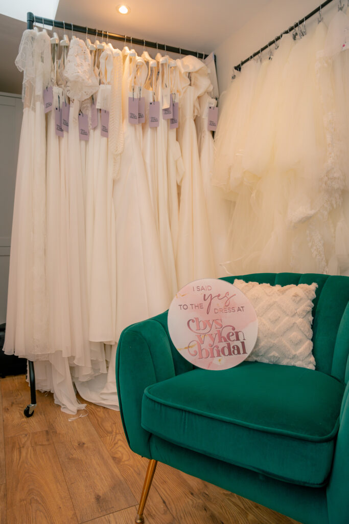 Boho bridal gowns on the shop rail