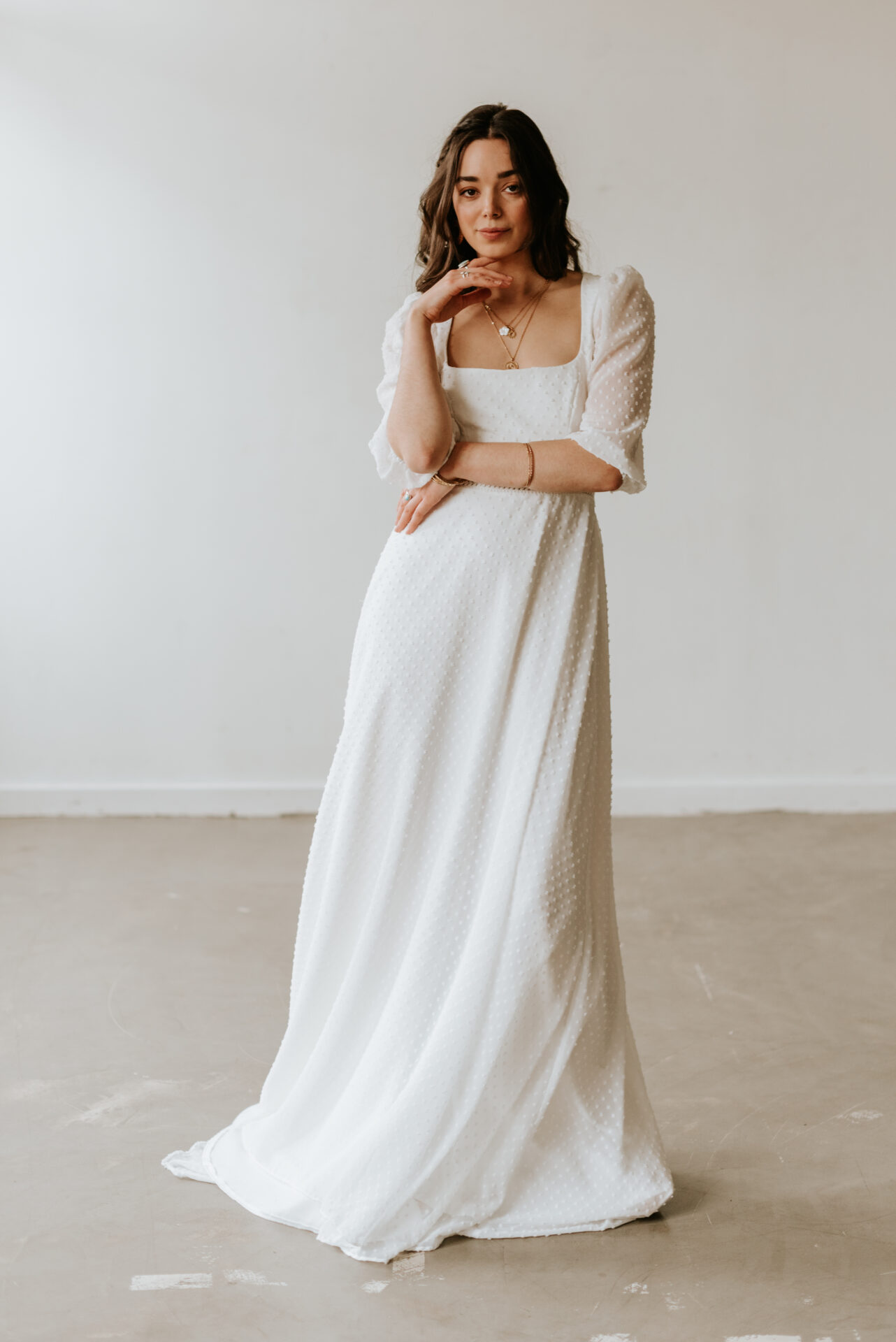 Our brand new take on our favourite square necked, keyhole backed gown Mollie, a total cottage core boho babe, a stunning British dobby chiffon gown. Light, floating, romantic and with beautiful lace detail on the waist and cuffs. Gorgeous back detailing and dramatic, swishing (yet totally manageable) train!
