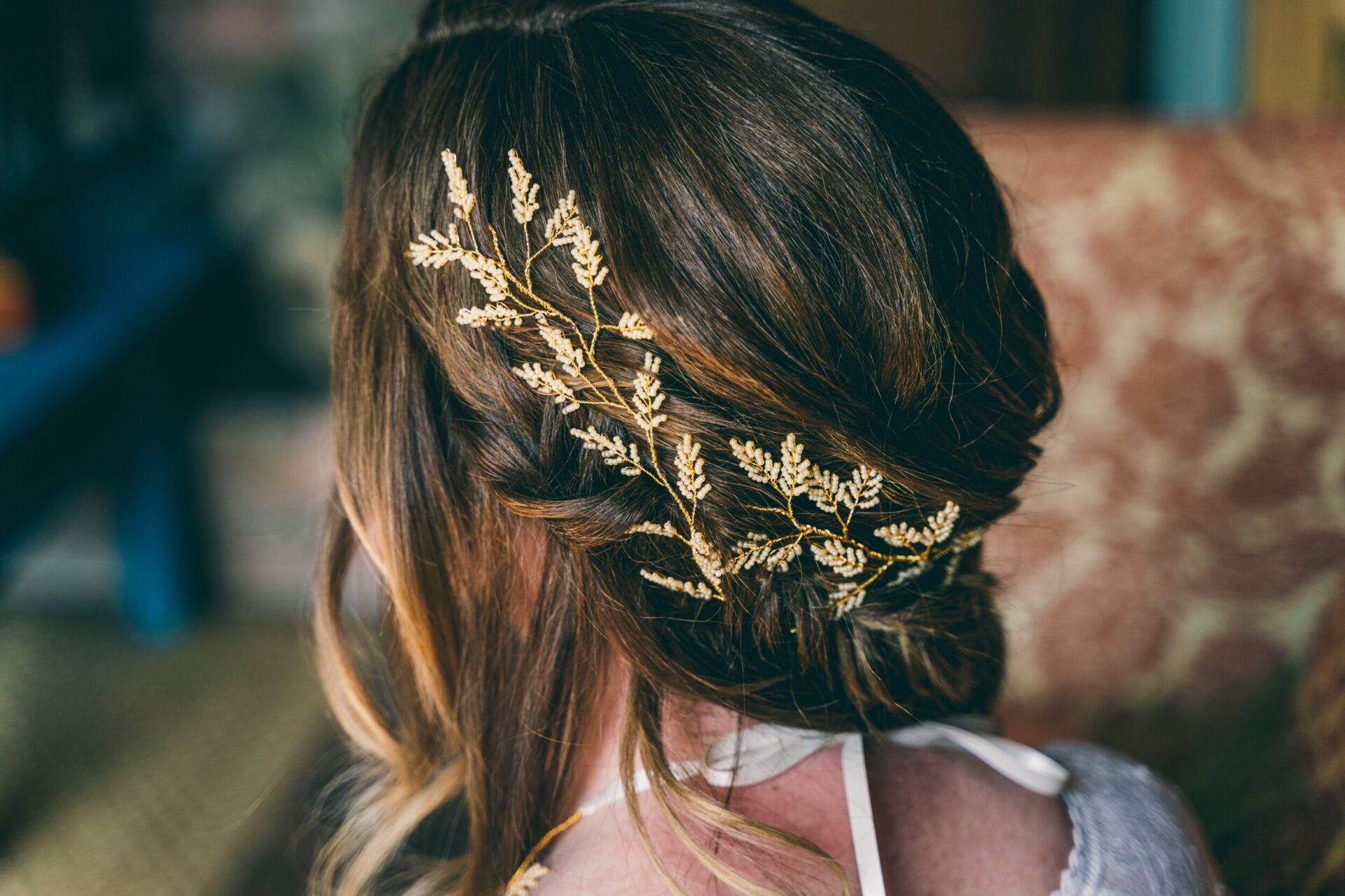 Elsa Rose Boutque hair vine, gold with colourful beads ain a bride's wedding hair