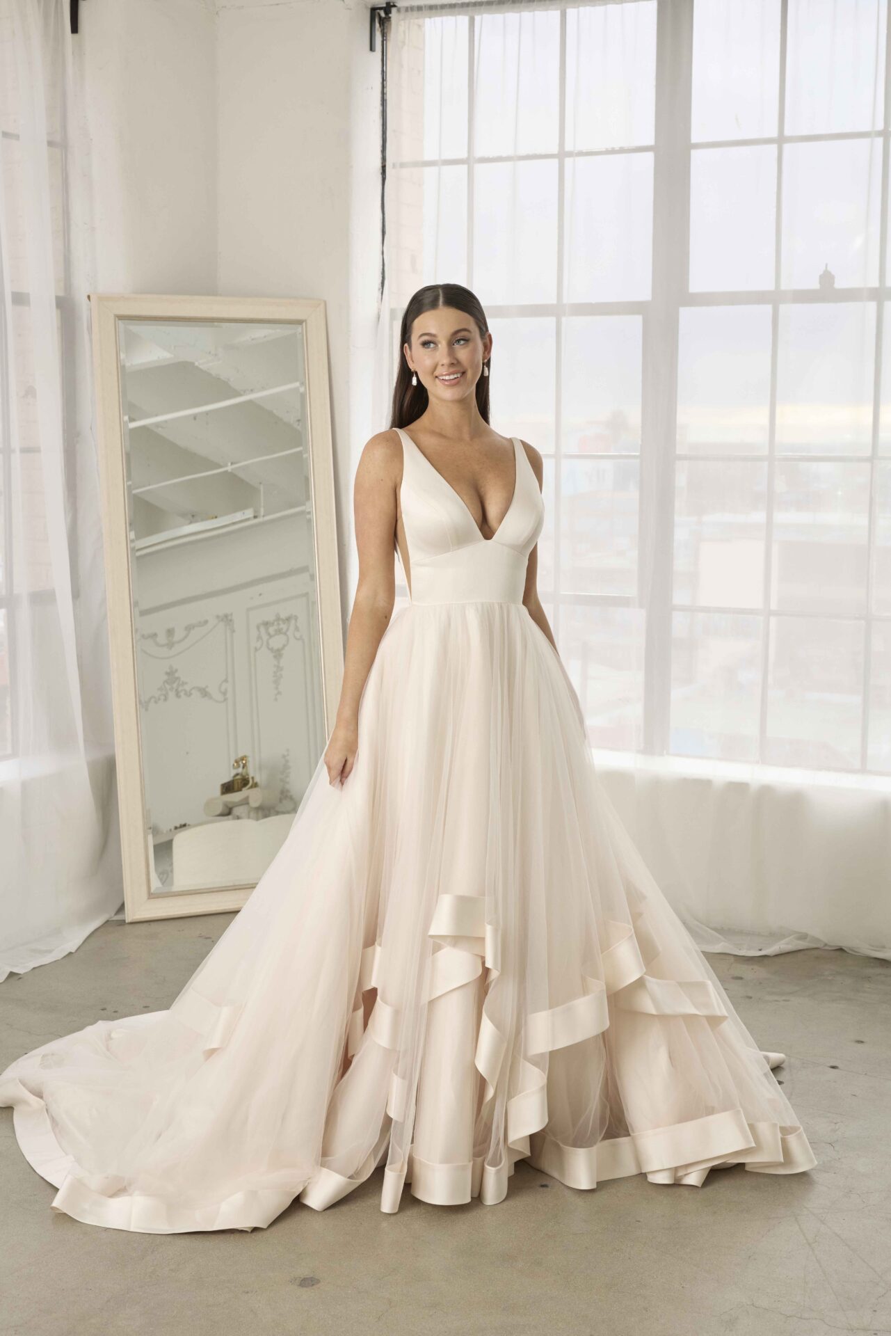 statement wedding dress with ribbon edged skirt