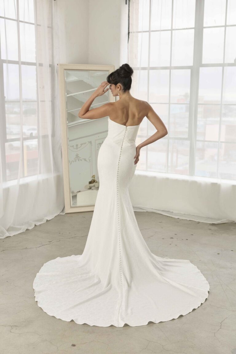 Off the shoulder bardot straps, fit and flare wedding dress with floral pattern