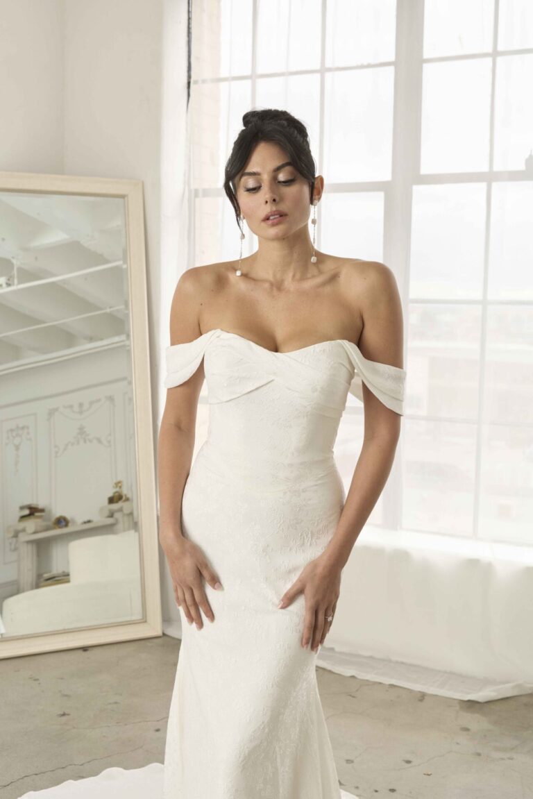 Off the shoulder bardot straps, fit and flare wedding dress with floral pattern