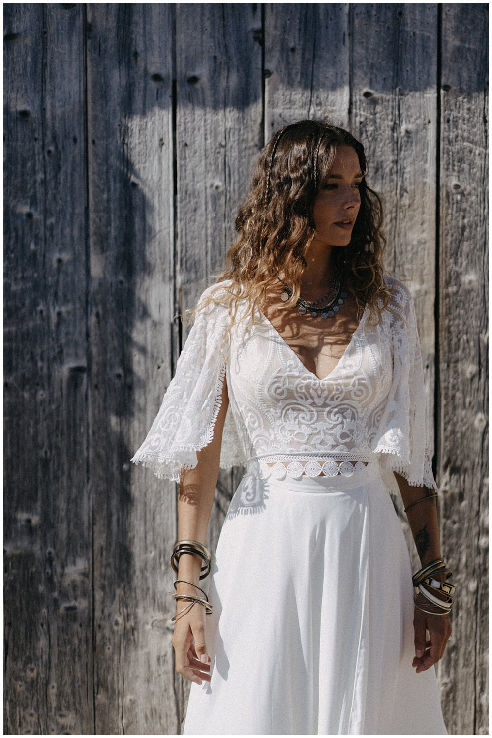 Photograph of the Zahra Topper by Shikoba Bride, available at Bys Vyken Bridal if you are wedding dress shopping in Bristol