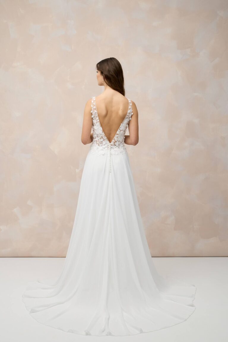 Marylise wedding dress with floral detail and floaty skirt