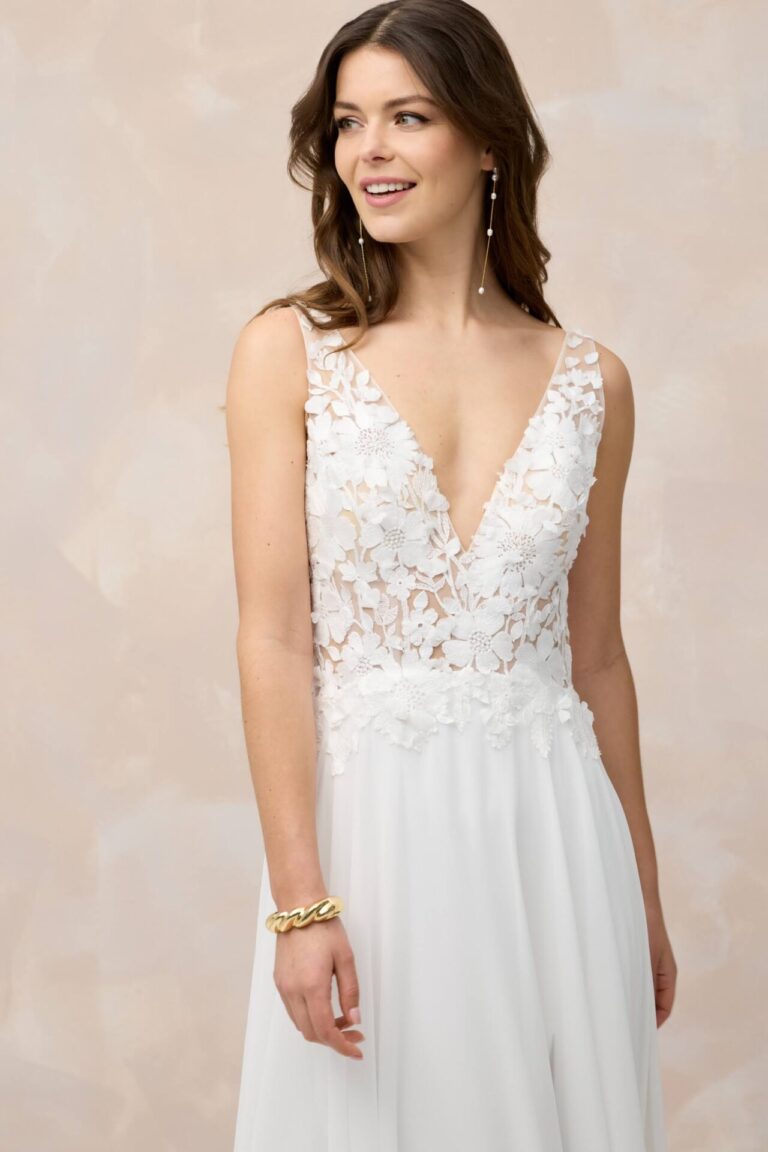 Marylise wedding dress with floral detail and floaty skirt
