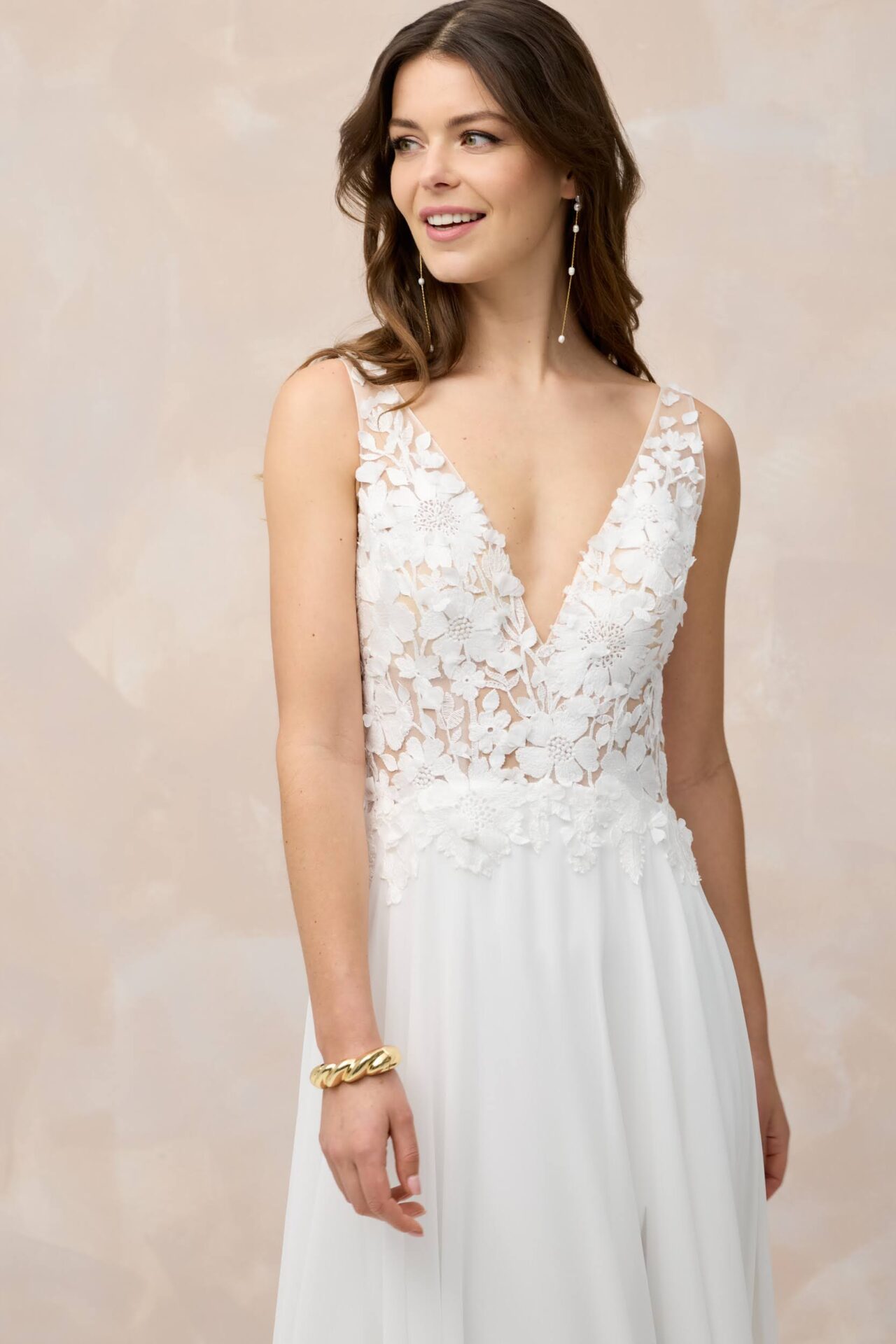 Marylise wedding dress with floral detail and floaty skirt