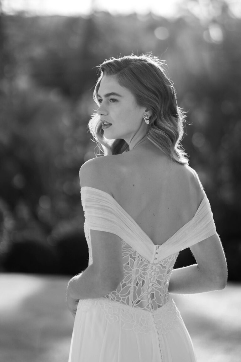 Marylise wedding dress with modern floral bodice and lightweight flowing skirt