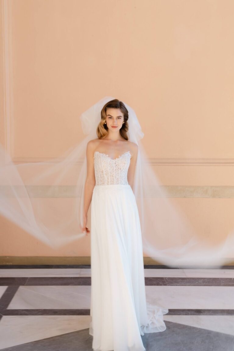 Eternal Flame Marylise wedding dress with modern floral bodice and lightweight flowing skirt