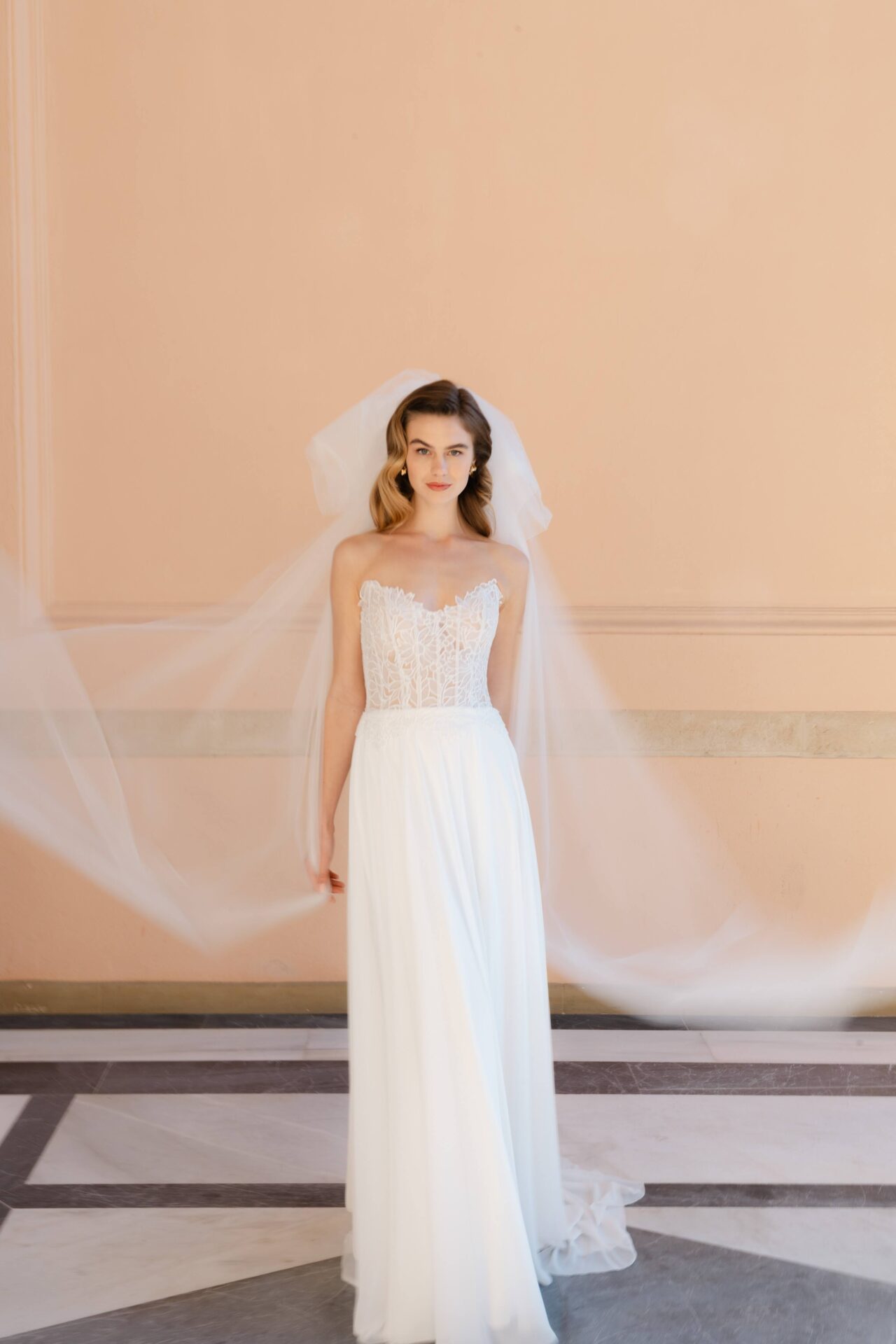 Eternal Flame Marylise wedding dress with modern floral bodice and lightweight flowing skirt