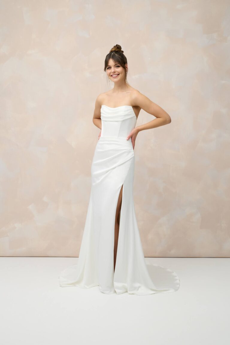 My heart will go on Marylise wedding dress strapless rouched fitted dress