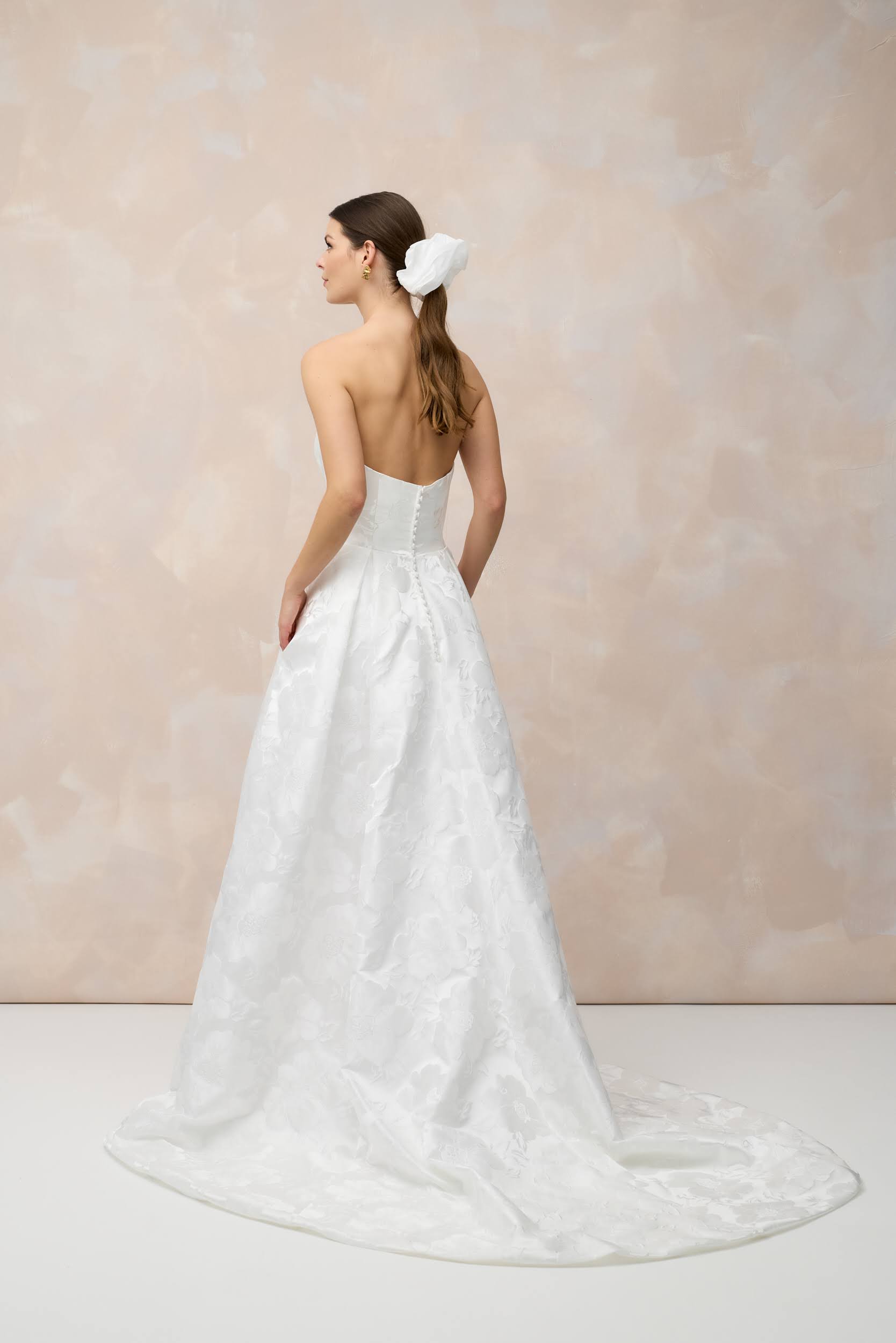 Marylise wedding A line dress with balloon sleeves, patterned material and skirt split