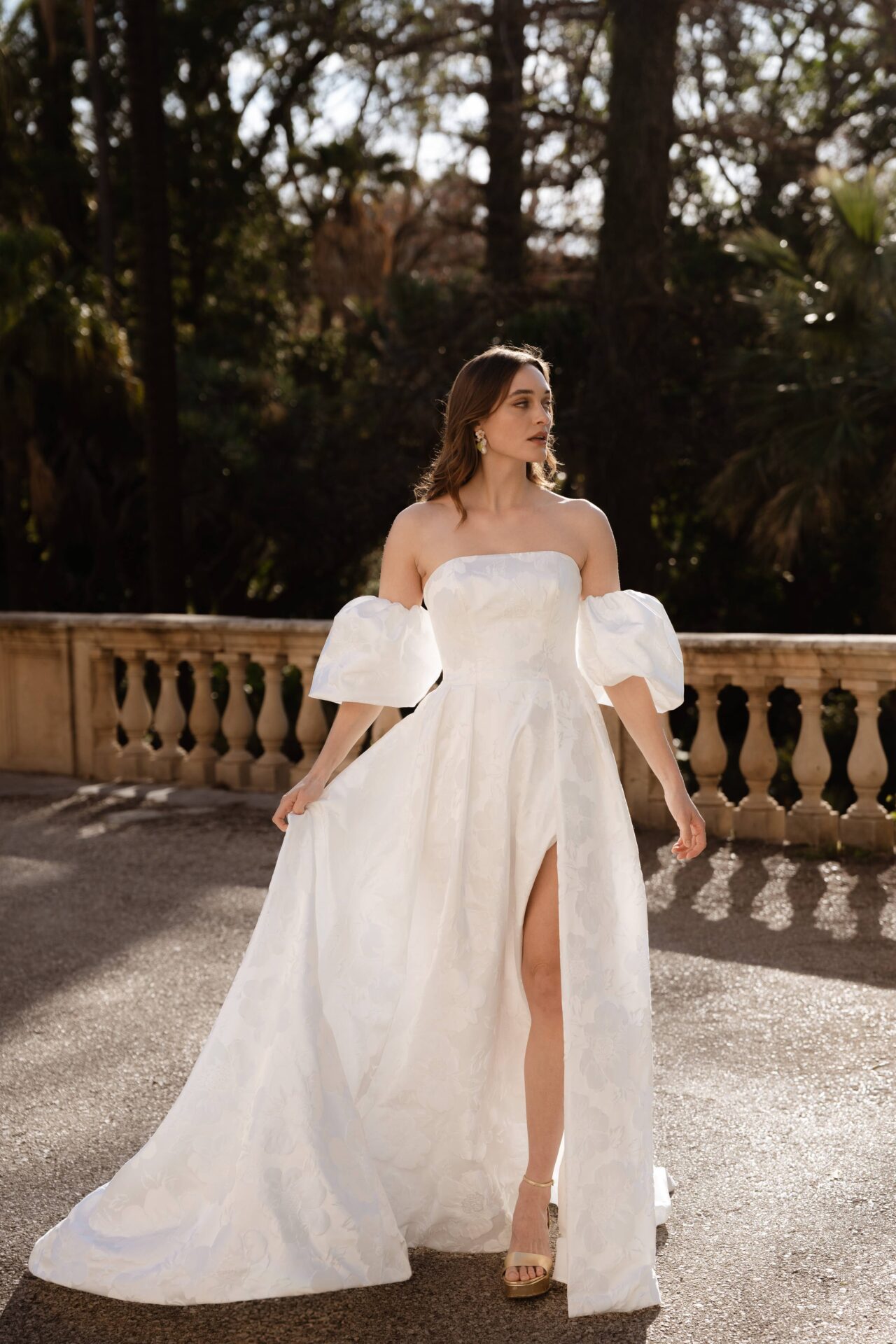 Marylise wedding A line dress with balloon sleeves, patterned material and skirt split
