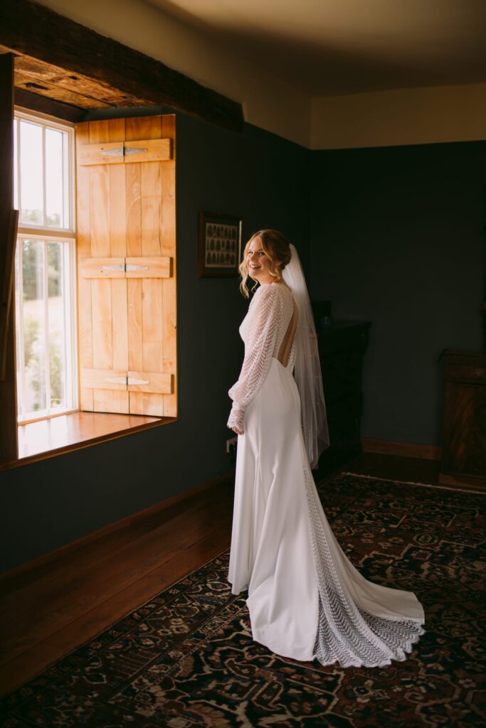 Photograph of Sarah in the dress she chose from Bys Vyken Bridal