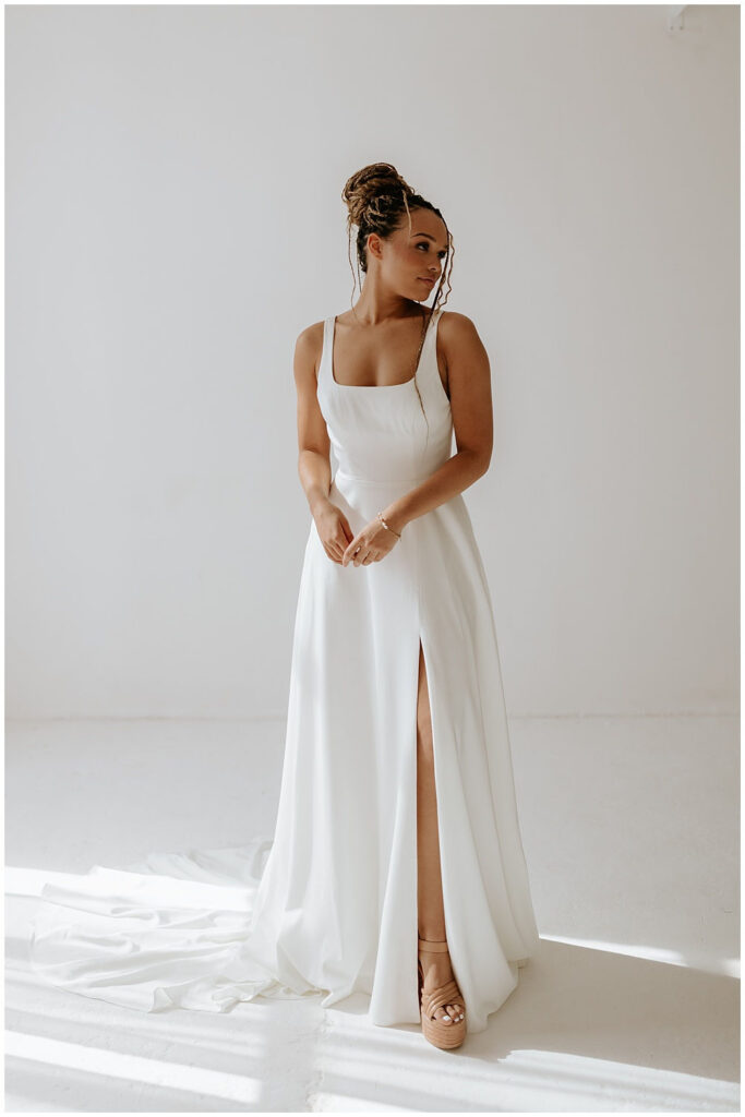 Cora dress with square neckline and A-line skirt available from Bys Vyken Bridal