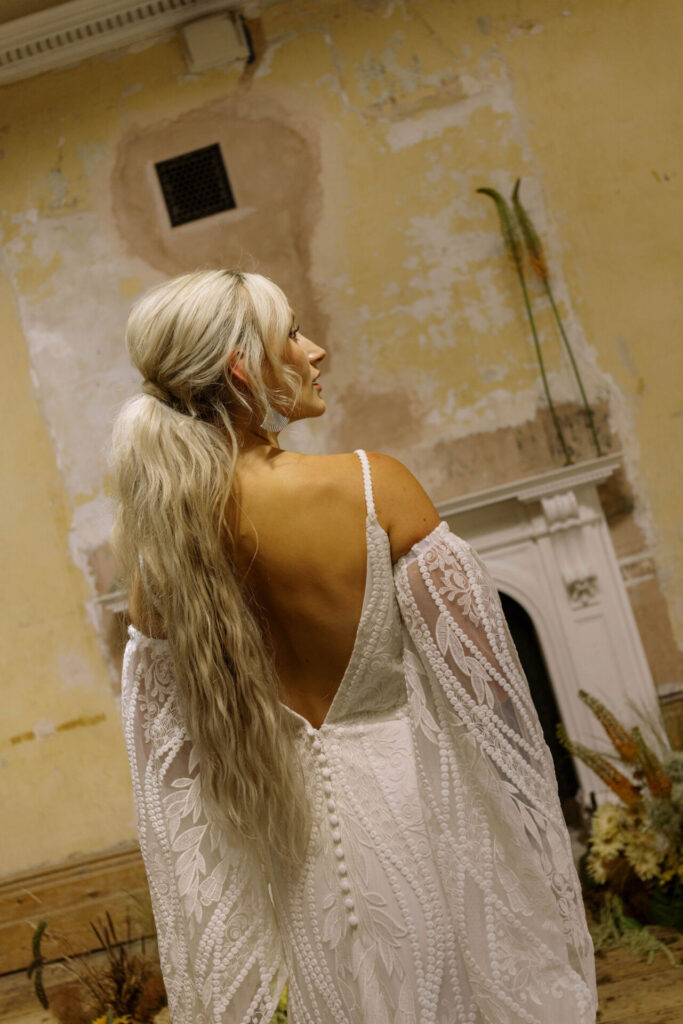 boho wedding dress with detachable sleeves by Shikoba