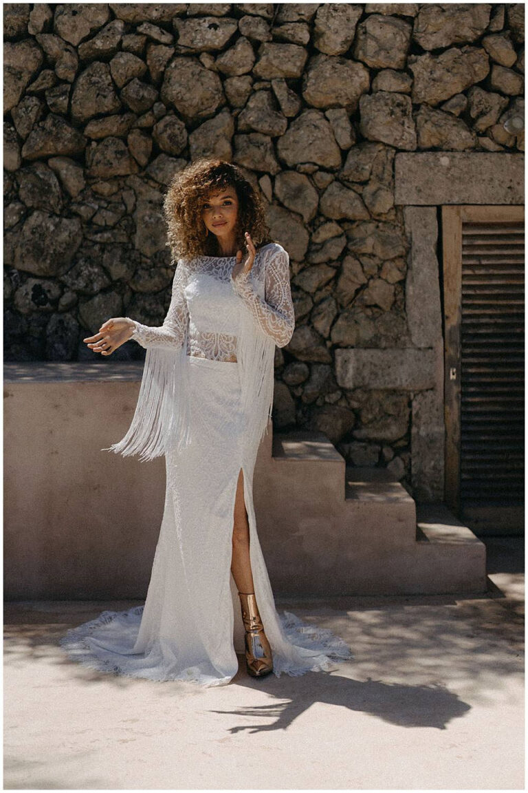 Devon lace bridal topper with boho fringing detail