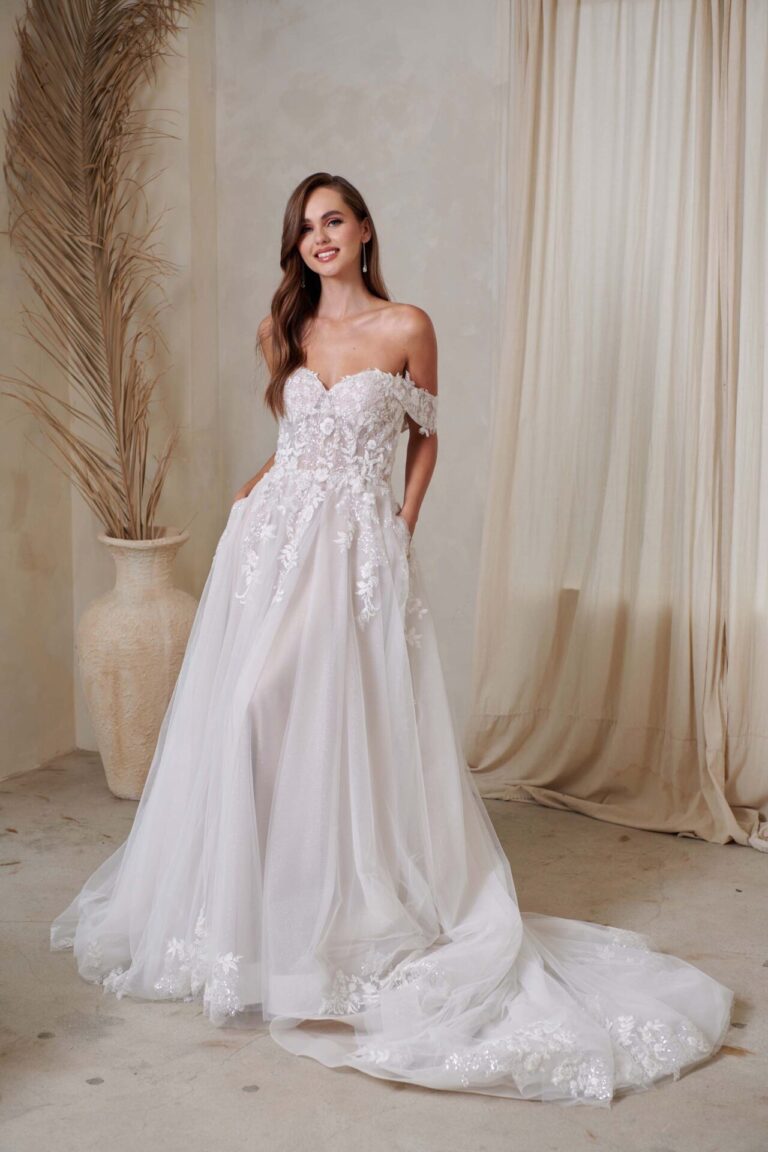 Max wedding dress in ivory and mocha blush with floral appliques