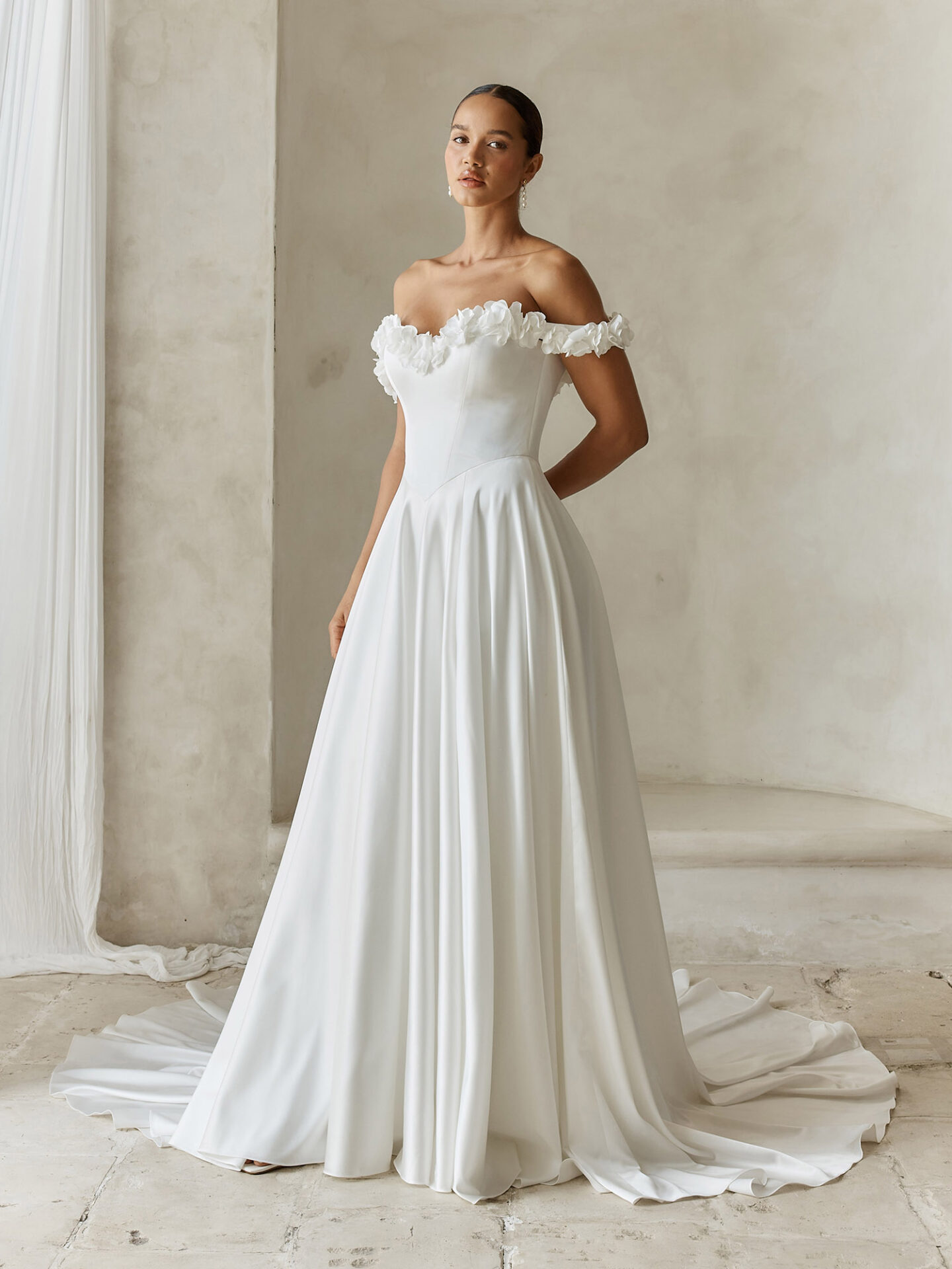 Alba basque a-line wedding dress with 3D floral detail