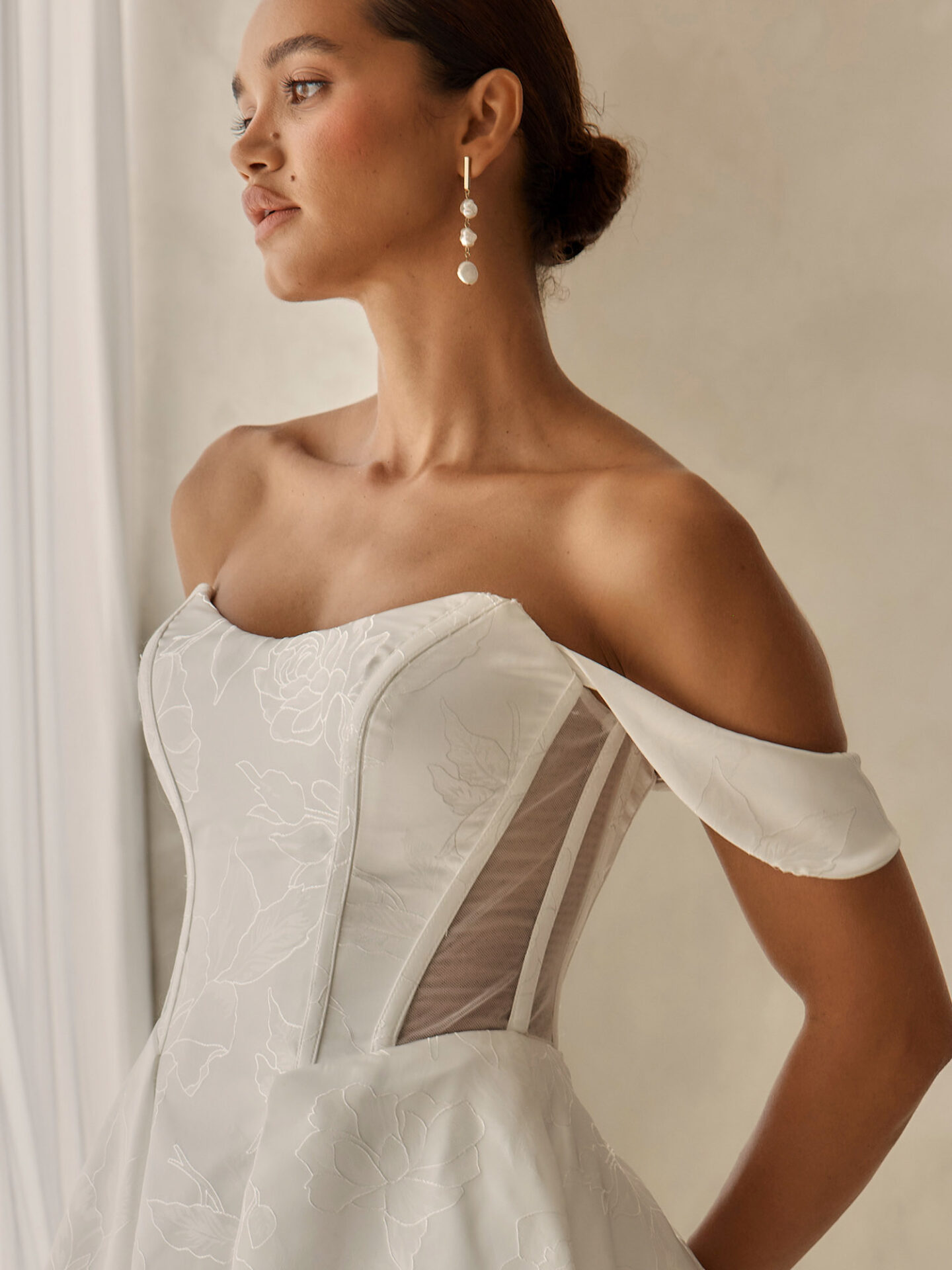 Josh wedding dress in floral jacquard with curved boned bodice