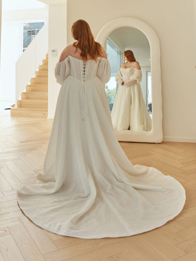 Vintage inspired Sam wedding gown with statement sleeves