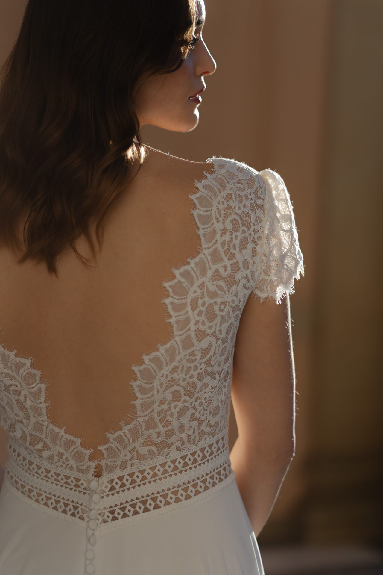 Honey Bee floaty chiffon and lace wedding dress available at Bys Vyken Bridal
