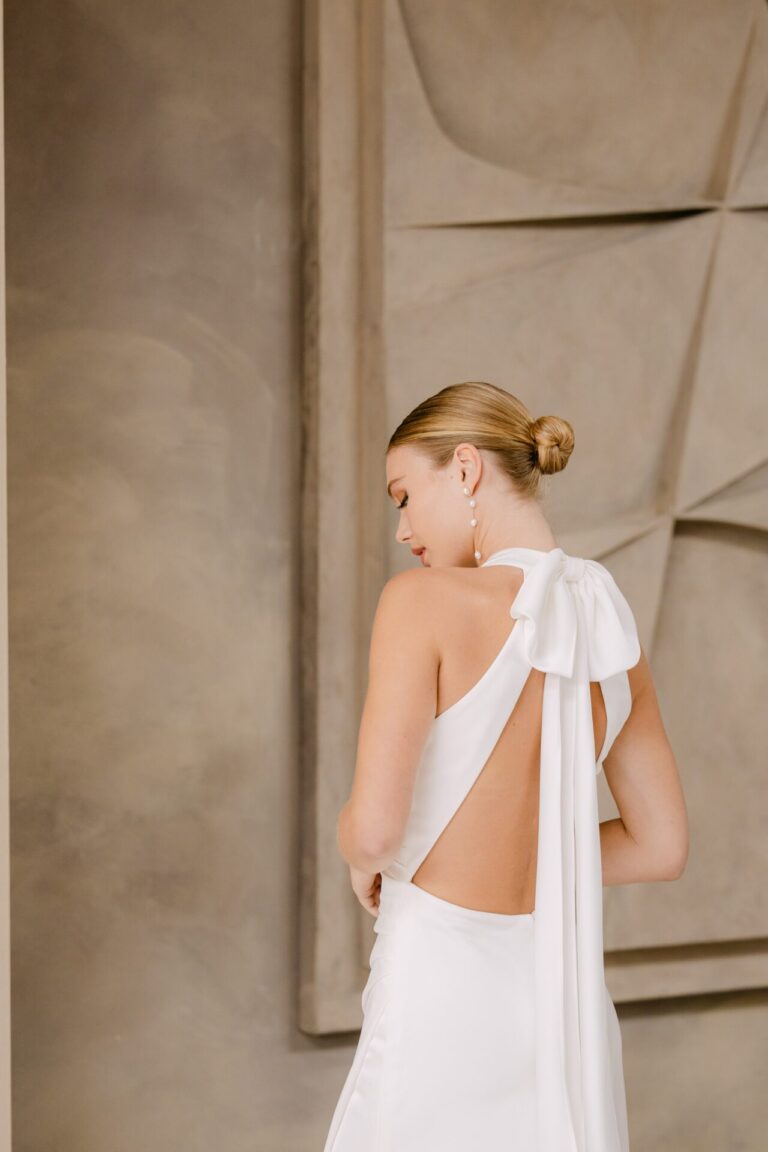 Bonnie taffeta wedding gown with off the shoulder sleeves