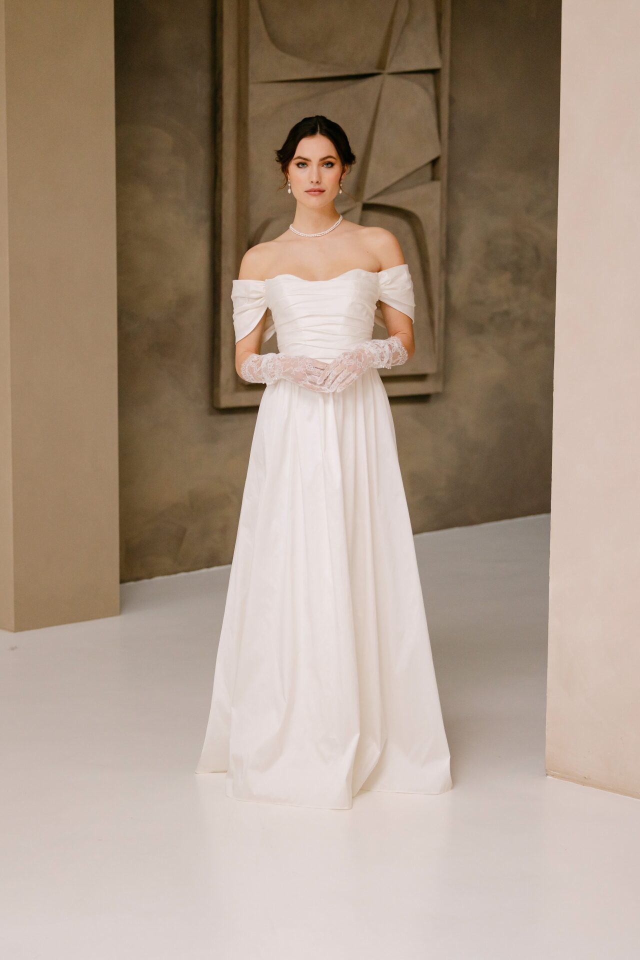 Bonnie taffeta wedding gown with off the shoulder sleeves