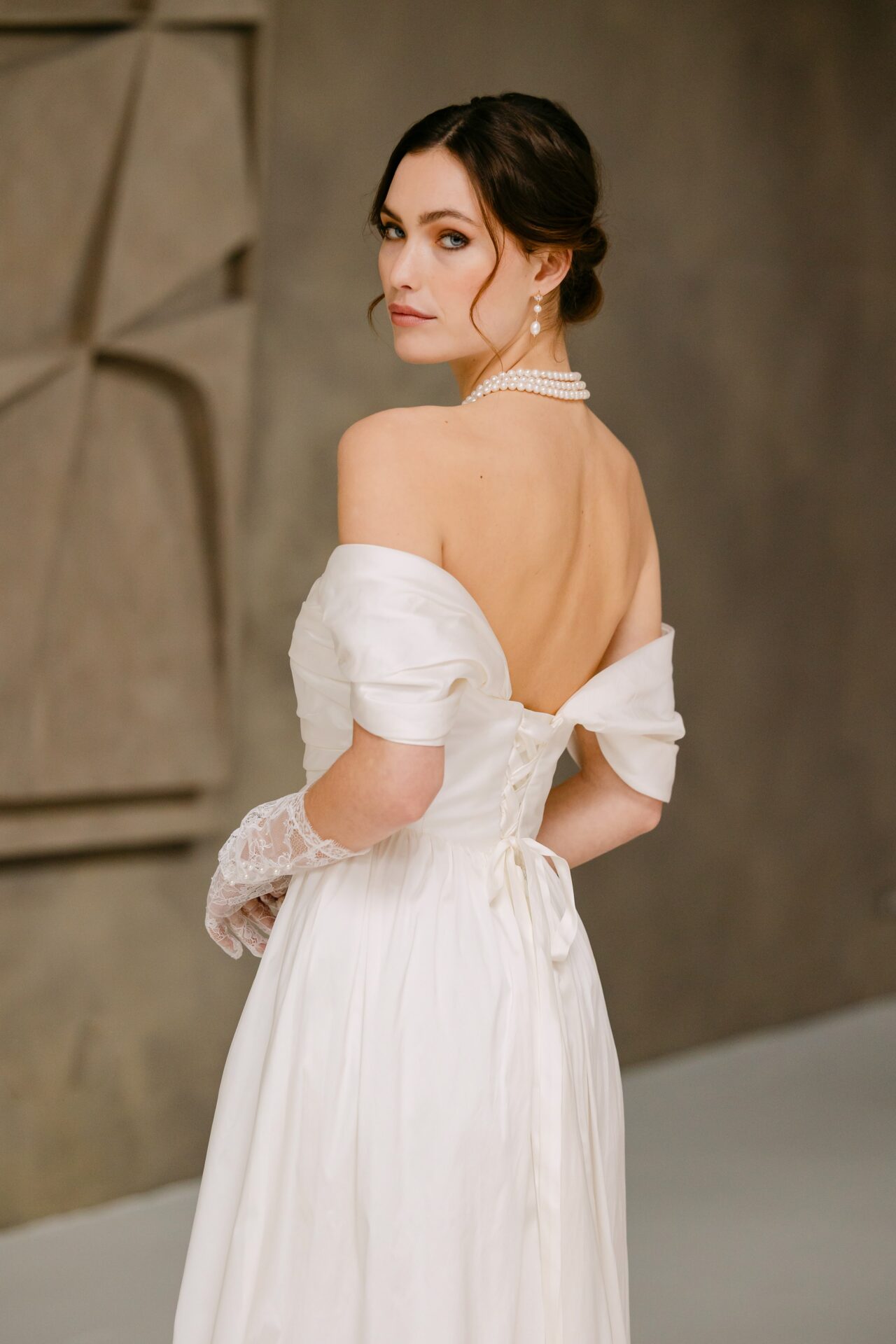 Bonnie taffeta wedding gown with off the shoulder sleeves
