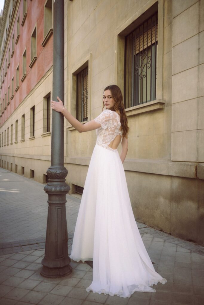 Galatea top and skirt with floral lace and flowing skirt
